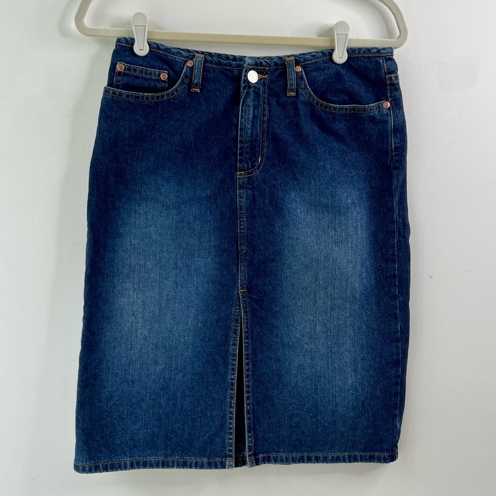 Vintage Y2K high waisted jeans skirt below knee  front slit dark denim Sz3 - Picture 13 of 14